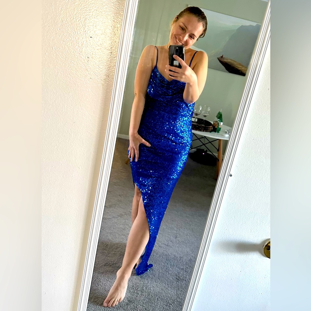 Shining blue evening dress.